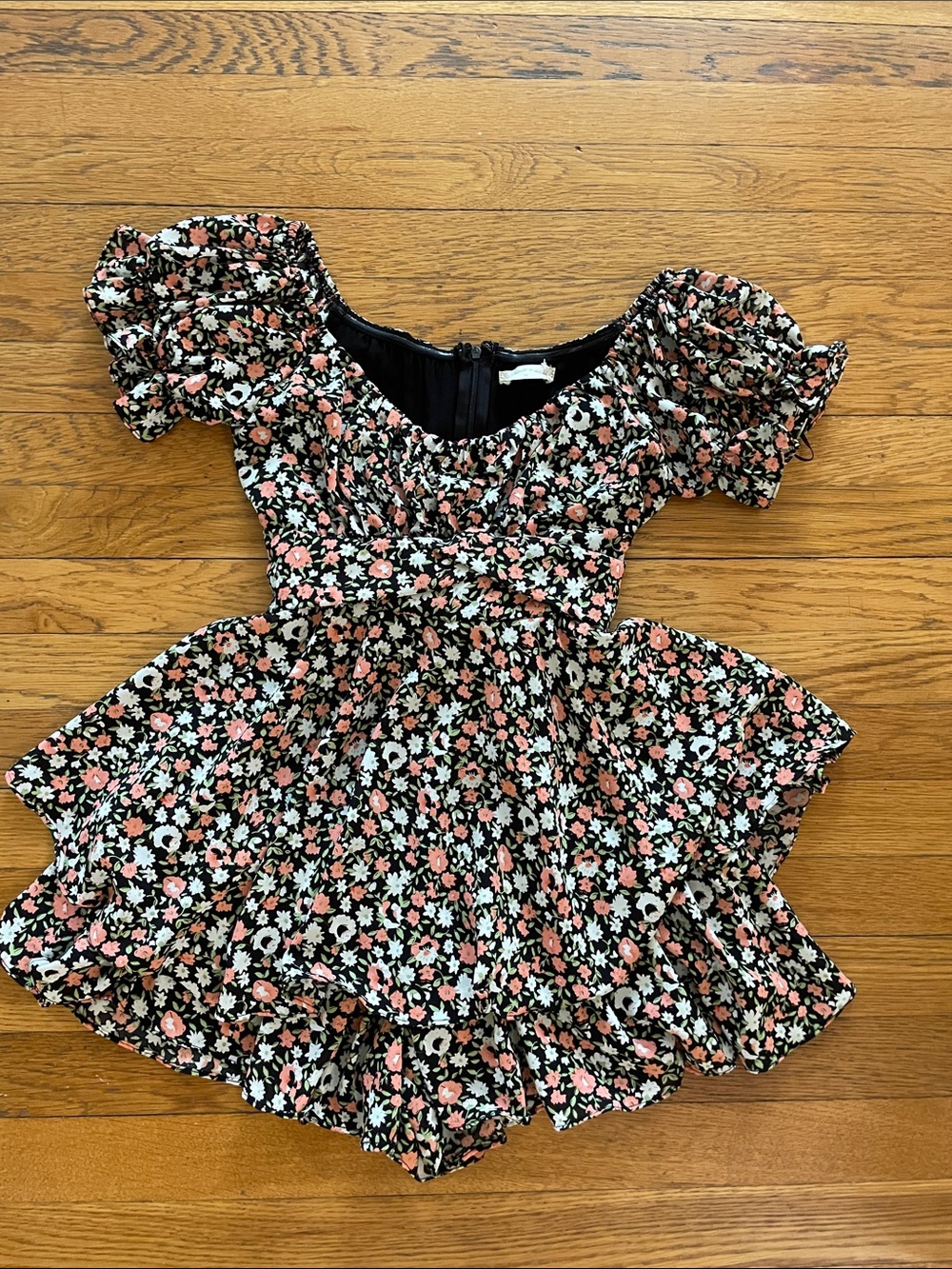 Floral Puff-Sleeve Altar'd StateDress/Romper in Black and Peach/Multi